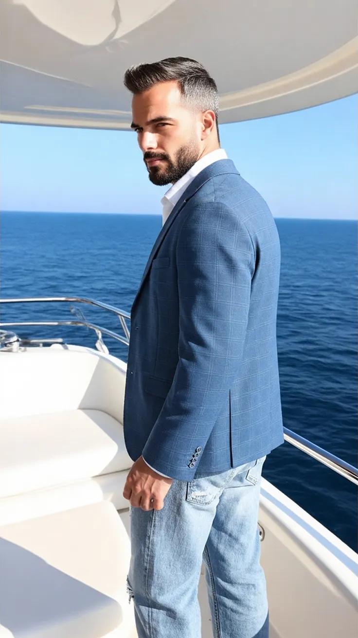 Blue check blazer over a white open-collar shirt with light-wash ripped jeans, on a yacht deck overlooking the sea