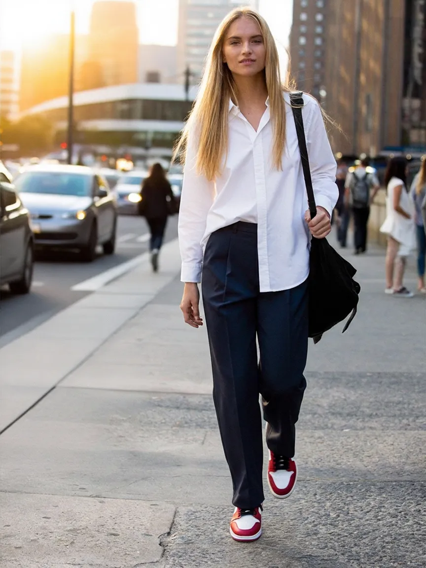 White shirt, navy wide-leg trousers, red and white high-top trainers and a black suede shoulder bag, on a city pavement