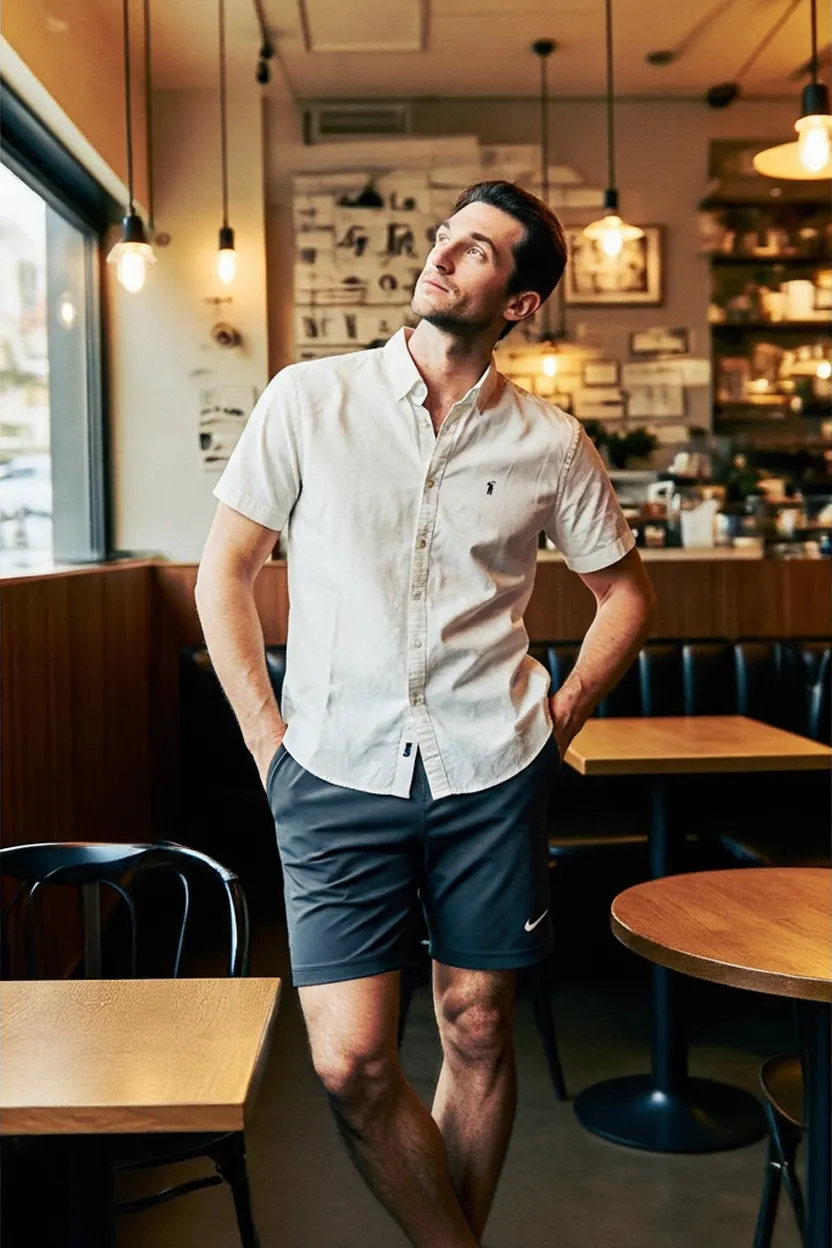 White short-sleeve shirt worn untucked over dark slate-blue shorts, hands in pockets, in a café with pendant lights