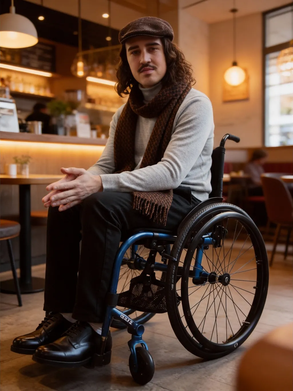 Brown tweed flat cap and fringed scarf, grey roll-neck, black trousers and black lace-ups, seated in a wheelchair in a café