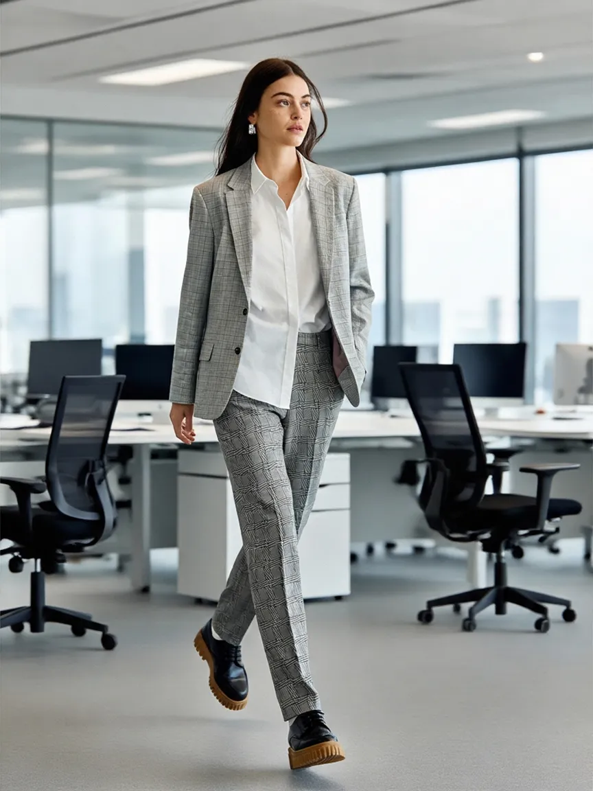 Grey check blazer and trousers, white shirt, black lace-ups with chunky gum soles and silver earrings, in an open-plan office