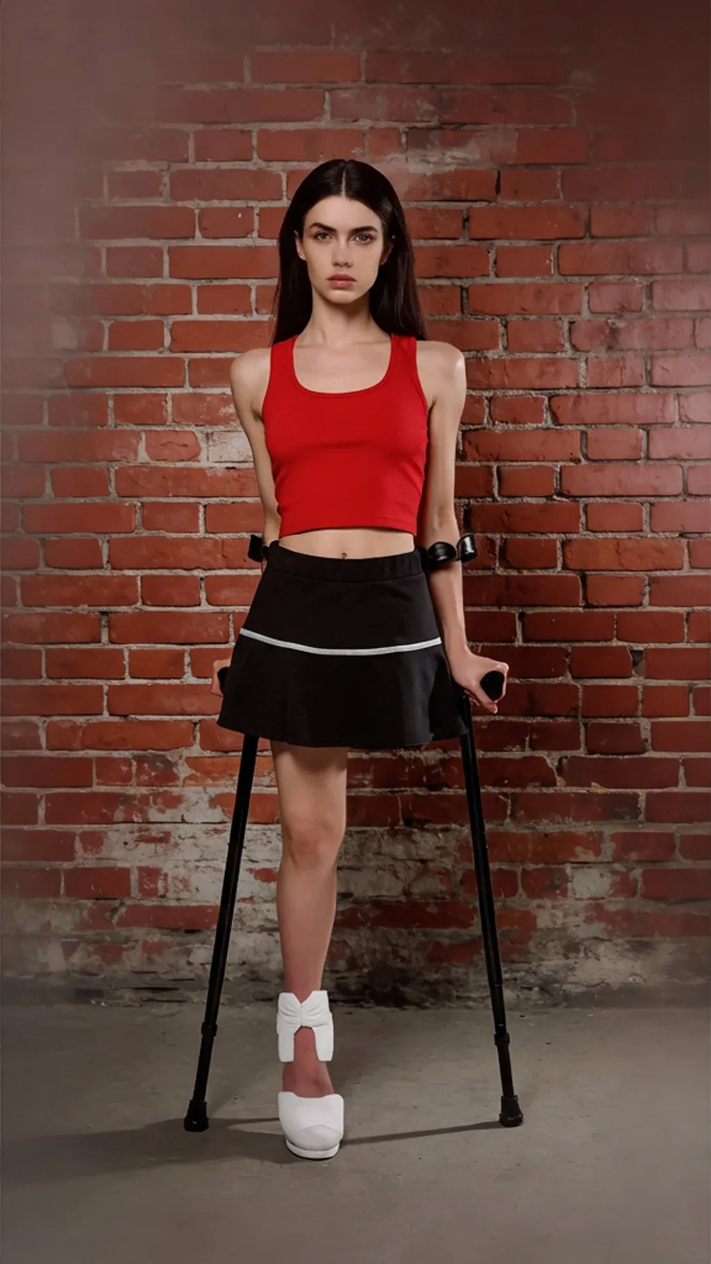 Red crop top, black flared mini skirt with a white stripe and a white ankle-cuff shoe, on forearm crutches by a brick wall