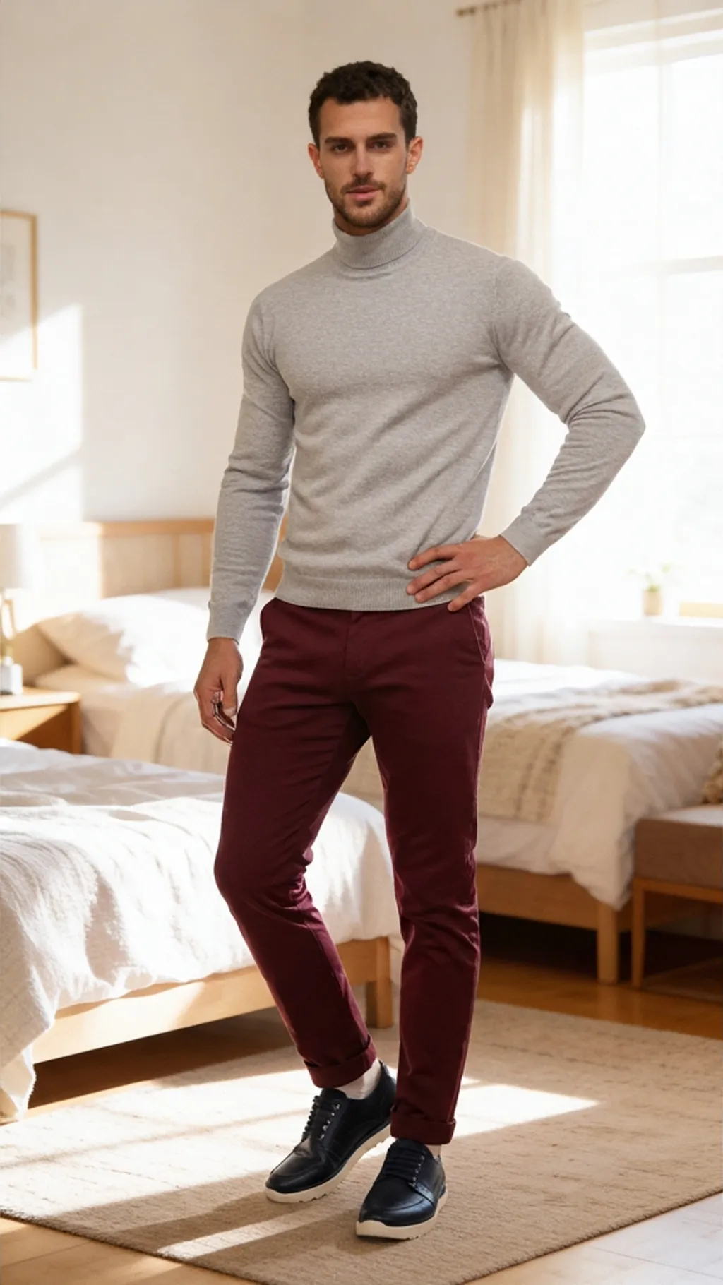 Light grey roll-neck jumper, burgundy chinos with turned-up hems and navy lace-up shoes with white soles, in a sunlit bedroom
