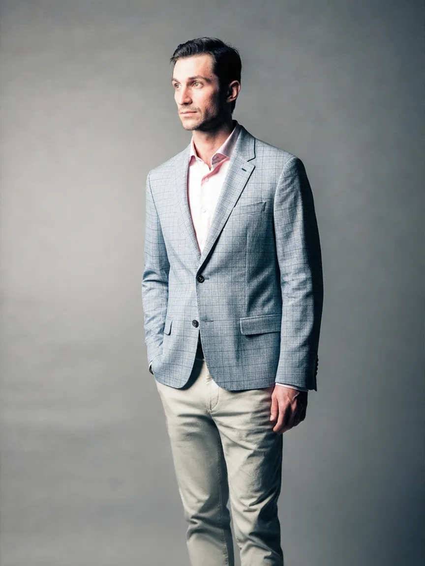Pale blue check blazer over a pink open-collar shirt and stone chinos, one hand in a pocket, on a grey studio backdrop