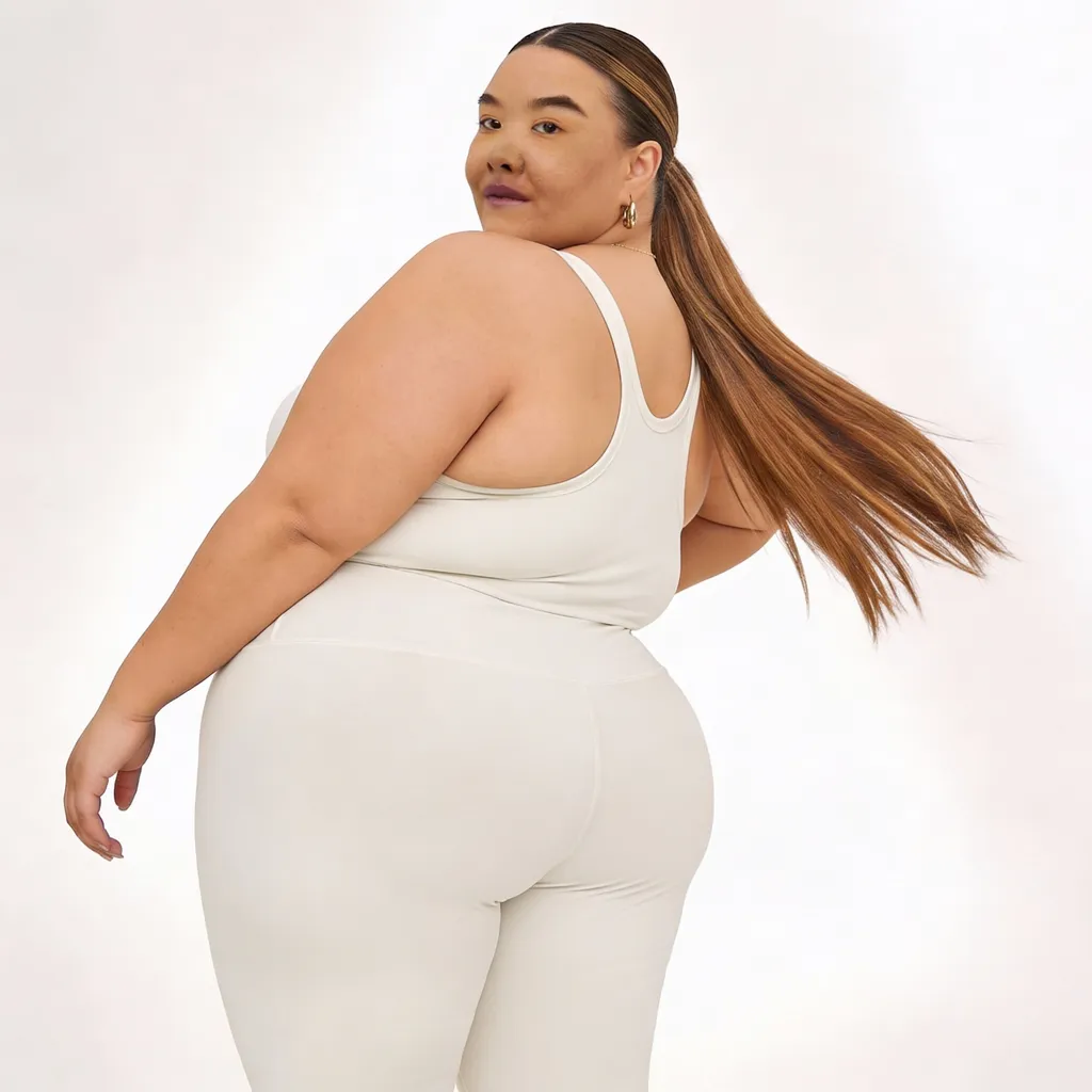 Cream scoop-back vest top and matching high-waisted bottoms, gold hoop earrings, seen from behind on a white backdrop