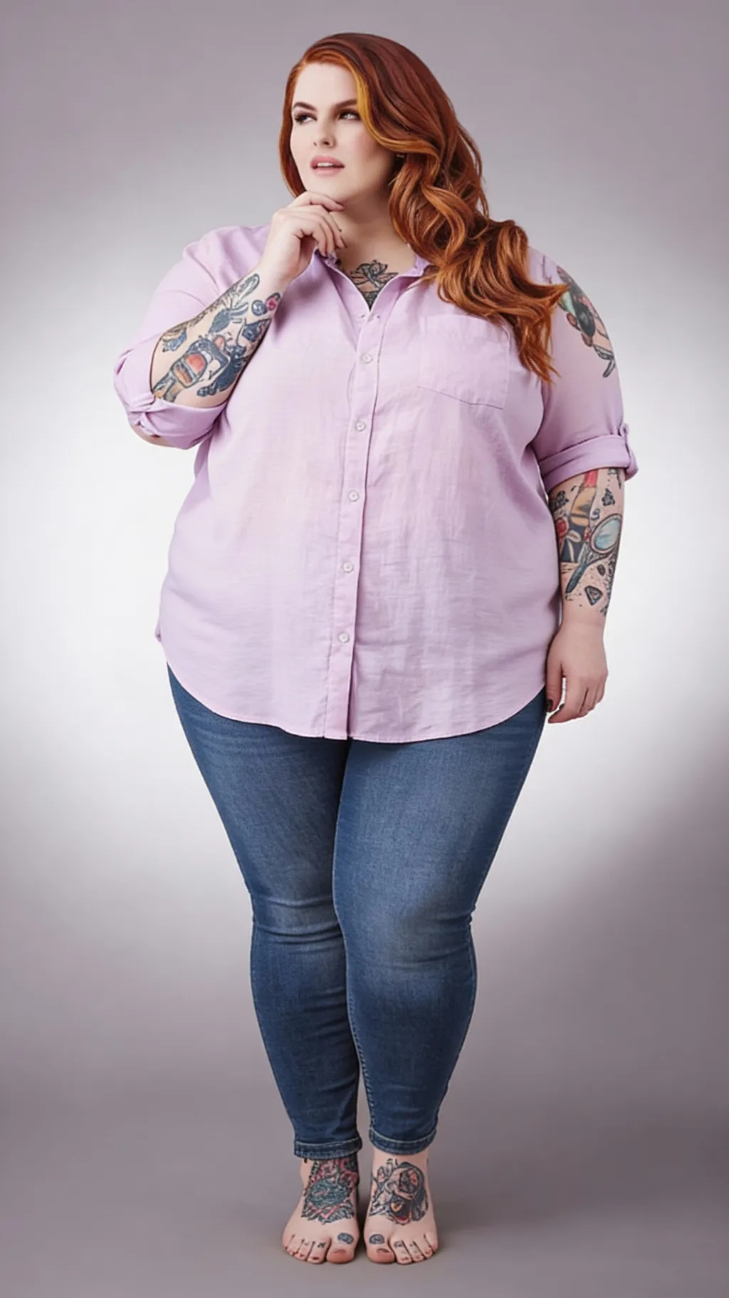 Lilac button-up shirt with rolled sleeves, worn untucked over mid-blue skinny jeans, barefoot, on a pale grey studio backdrop