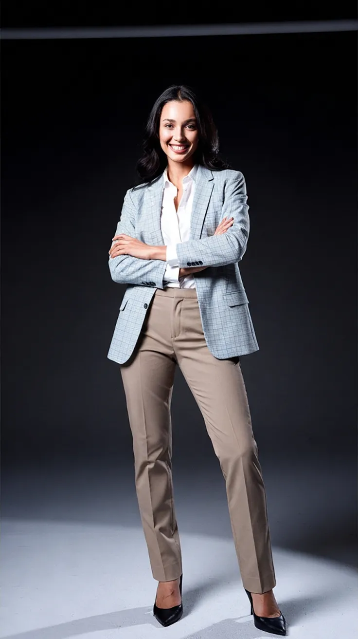 Pale blue check blazer, white shirt, beige tailored trousers and black pointed court shoes, arms folded, in a dark studio