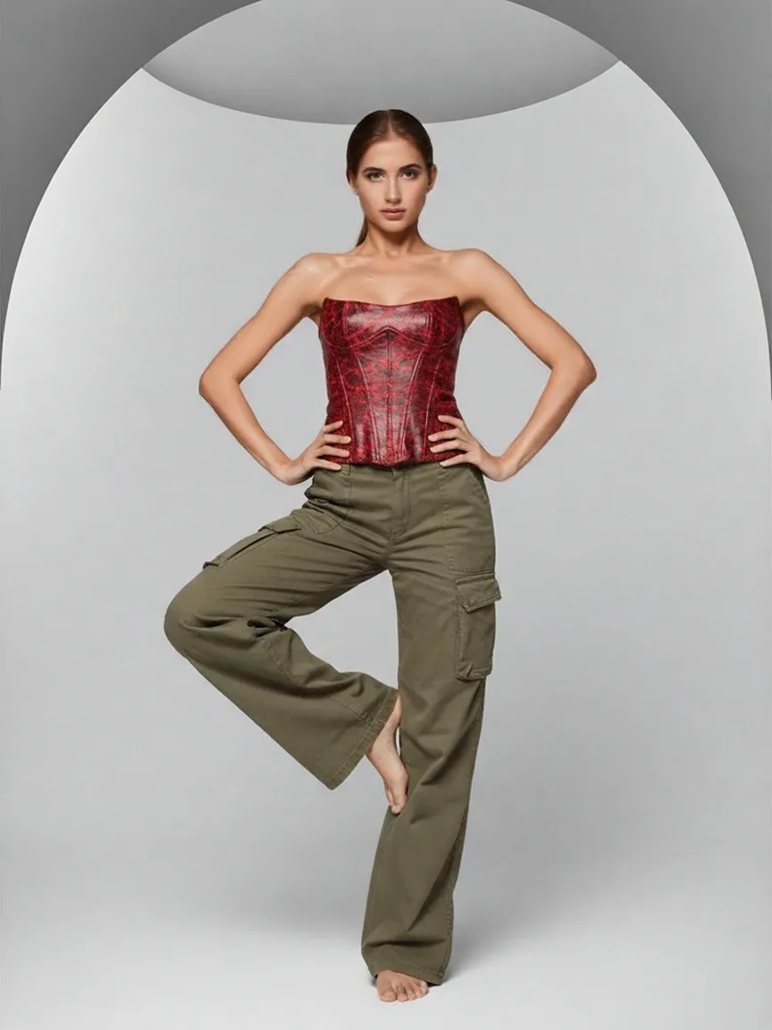 Red leather-look strapless corset and olive wide-leg cargo trousers, barefoot, standing on one leg in a grey arched studio