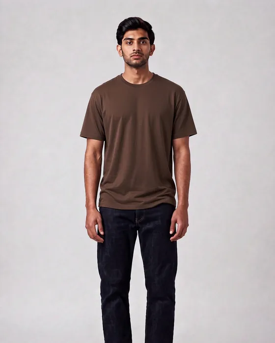 The same man in the same brown t-shirt in a loose fit, wider through the body and sleeves