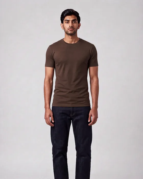 A man in a brown t-shirt and dark jeans, the t-shirt in a slim fit, close to the body