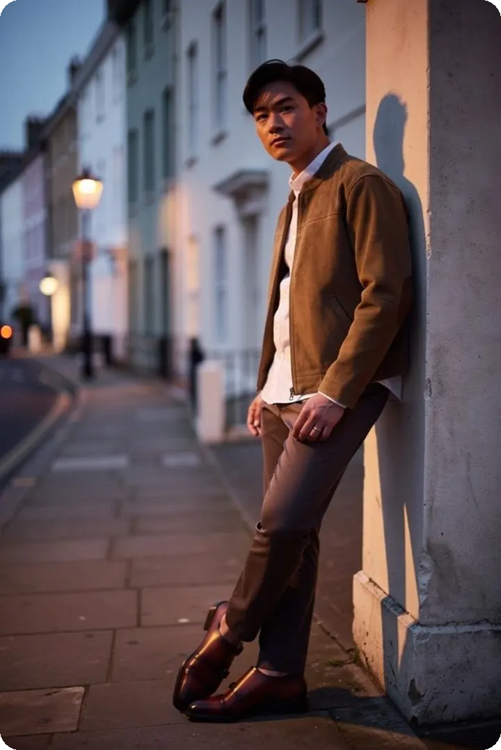Formal Elevated look: tan suede jacket, tailored trousers and dark tan leather shoes, on an evening street