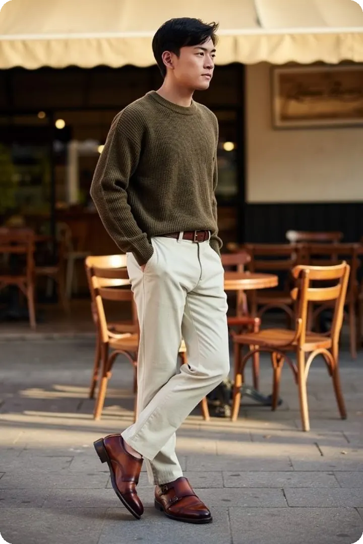 Relaxed Weekend look: olive knit, stone chinos and tan leather monk-strap shoes, worn outside a cafe