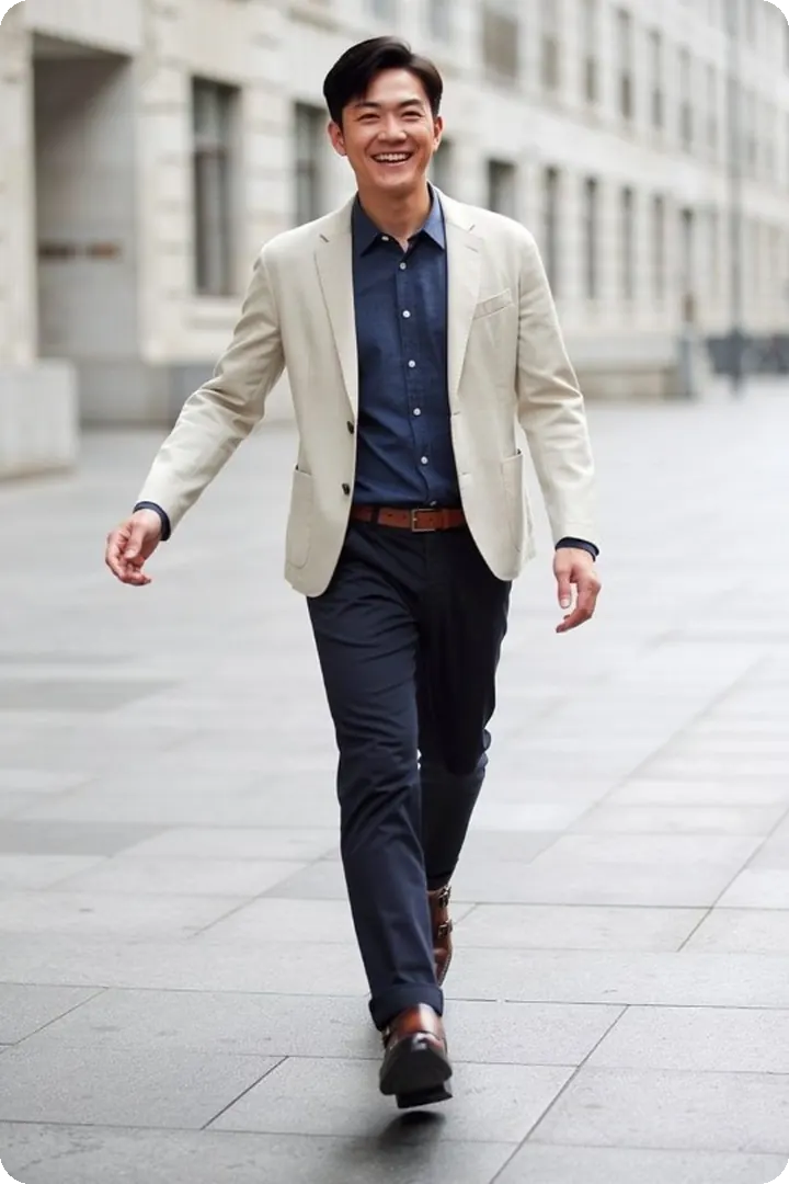Smart-Casual City look: cream blazer, navy shirt, dark trousers and tan leather shoes, on a city street
